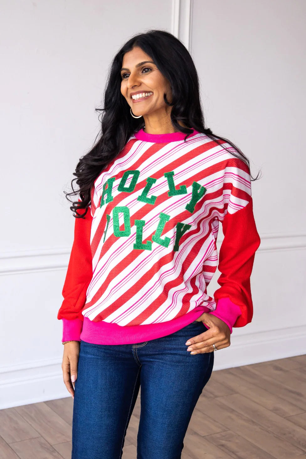 Womens Candy Cane Striped Top With Holly Jolly