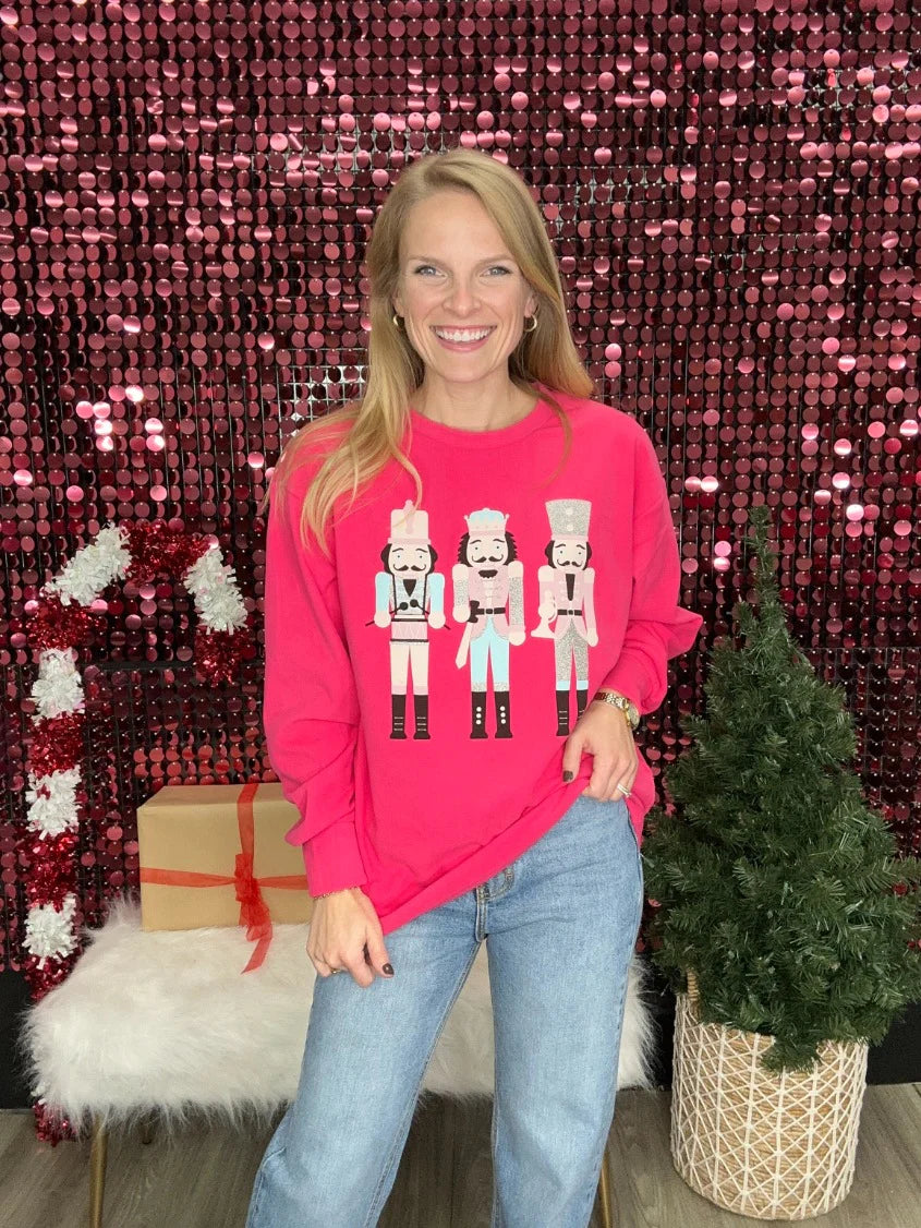 Womens Nutcracker On Hot Pink Crazy Cozy Microfleece Crewneck