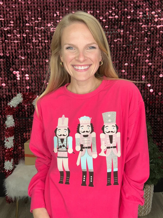 Womens Nutcracker On Hot Pink Crazy Cozy Microfleece Crewneck