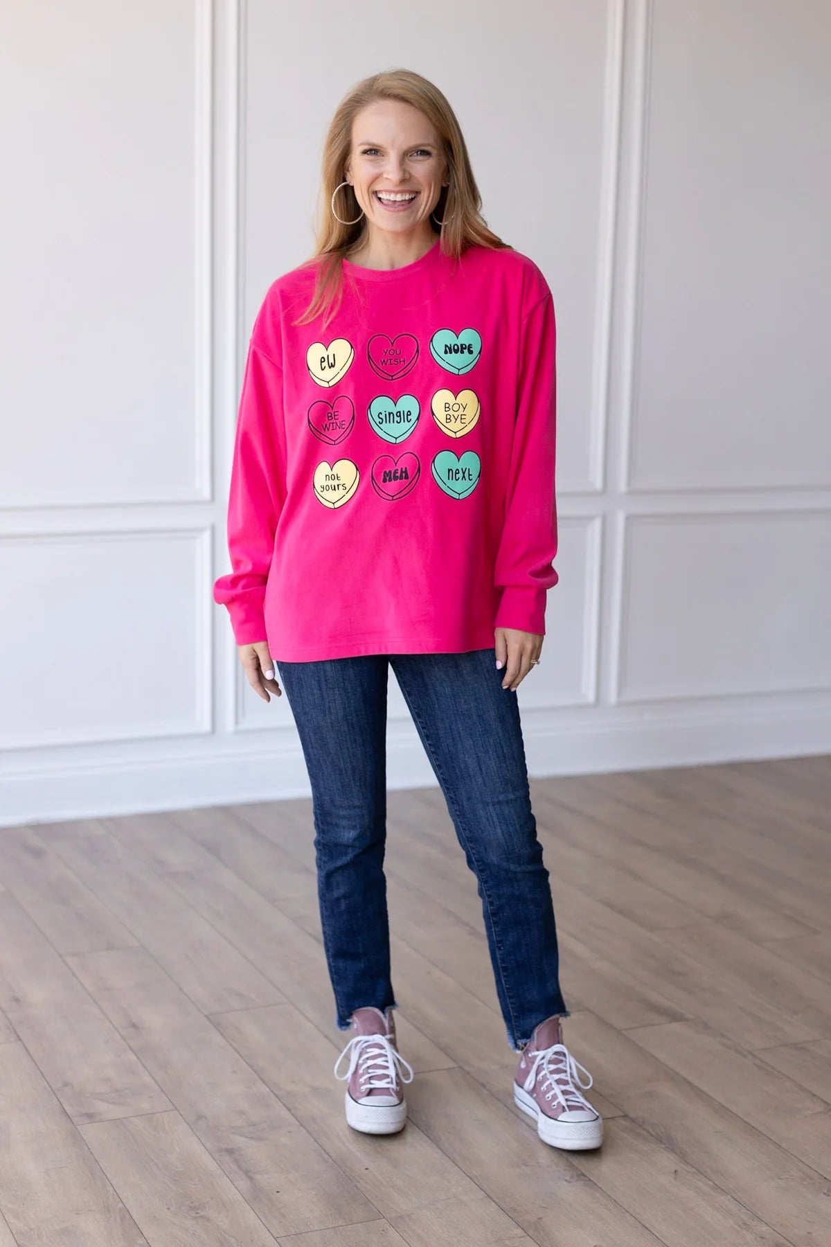 Womens Candy Hearts On Hot Pink Crazy Cozy Microfleece Crewneck