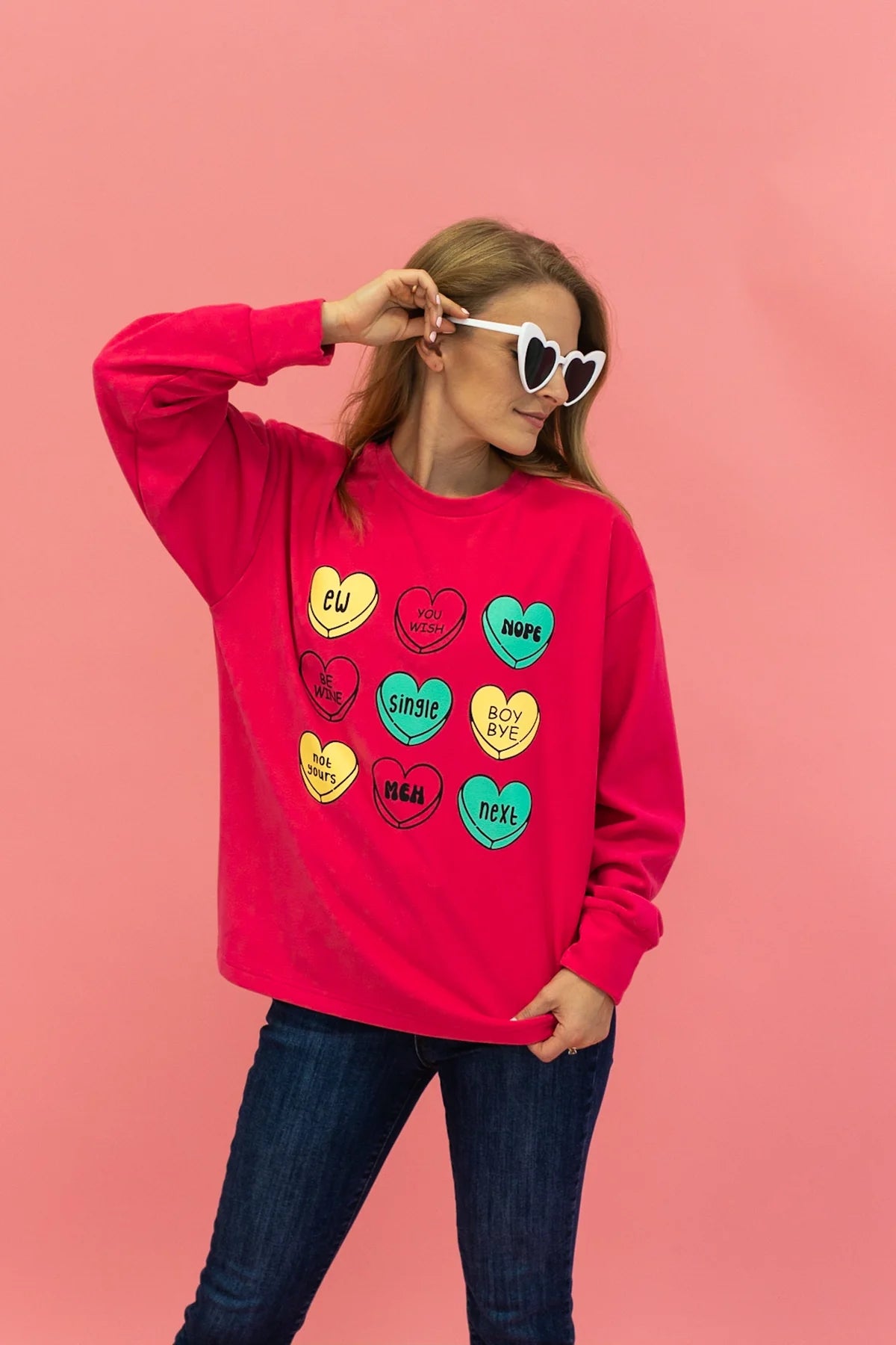 Womens Candy Hearts On Hot Pink Crazy Cozy Microfleece Crewneck