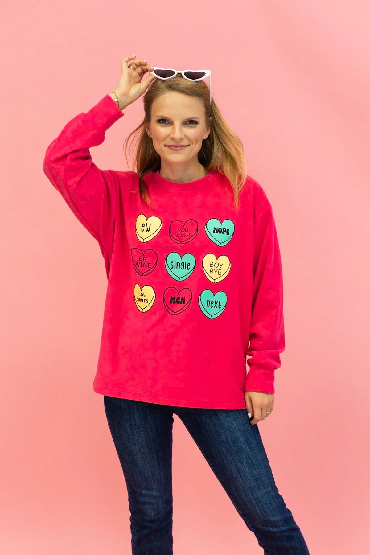 Womens Candy Hearts On Hot Pink Crazy Cozy Microfleece Crewneck