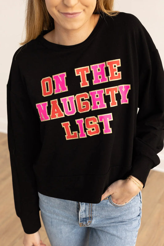 Womens On The Naughty List On Black Crop Sweatshirt