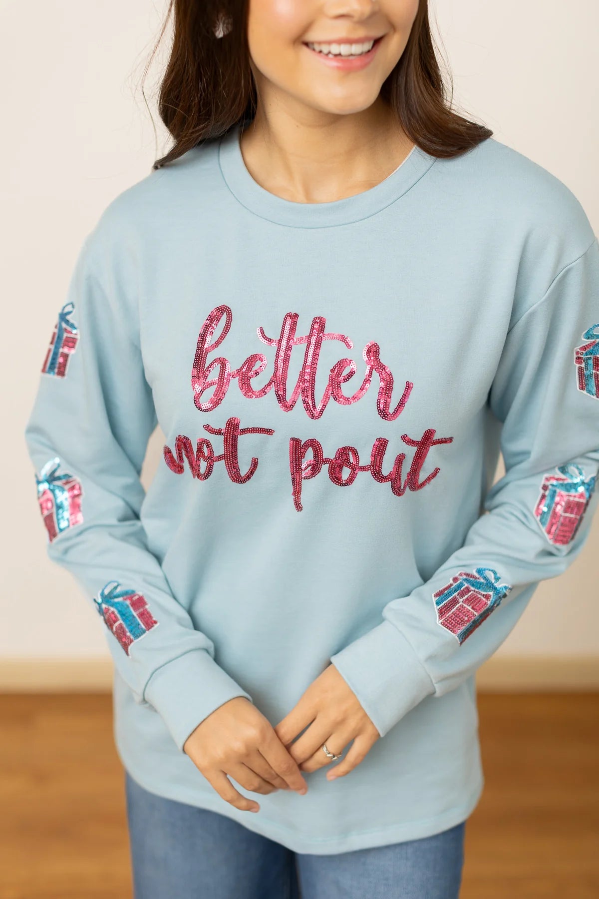 Womens Better Not Pout Sequins Blue Sweatshirt - Blue