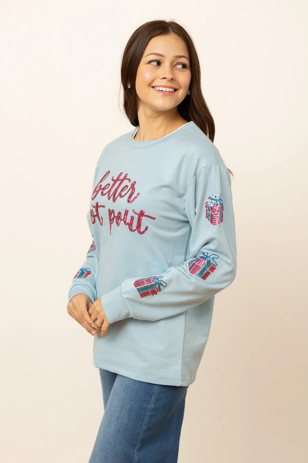 Womens Better Not Pout Sequins Blue Sweatshirt - Blue