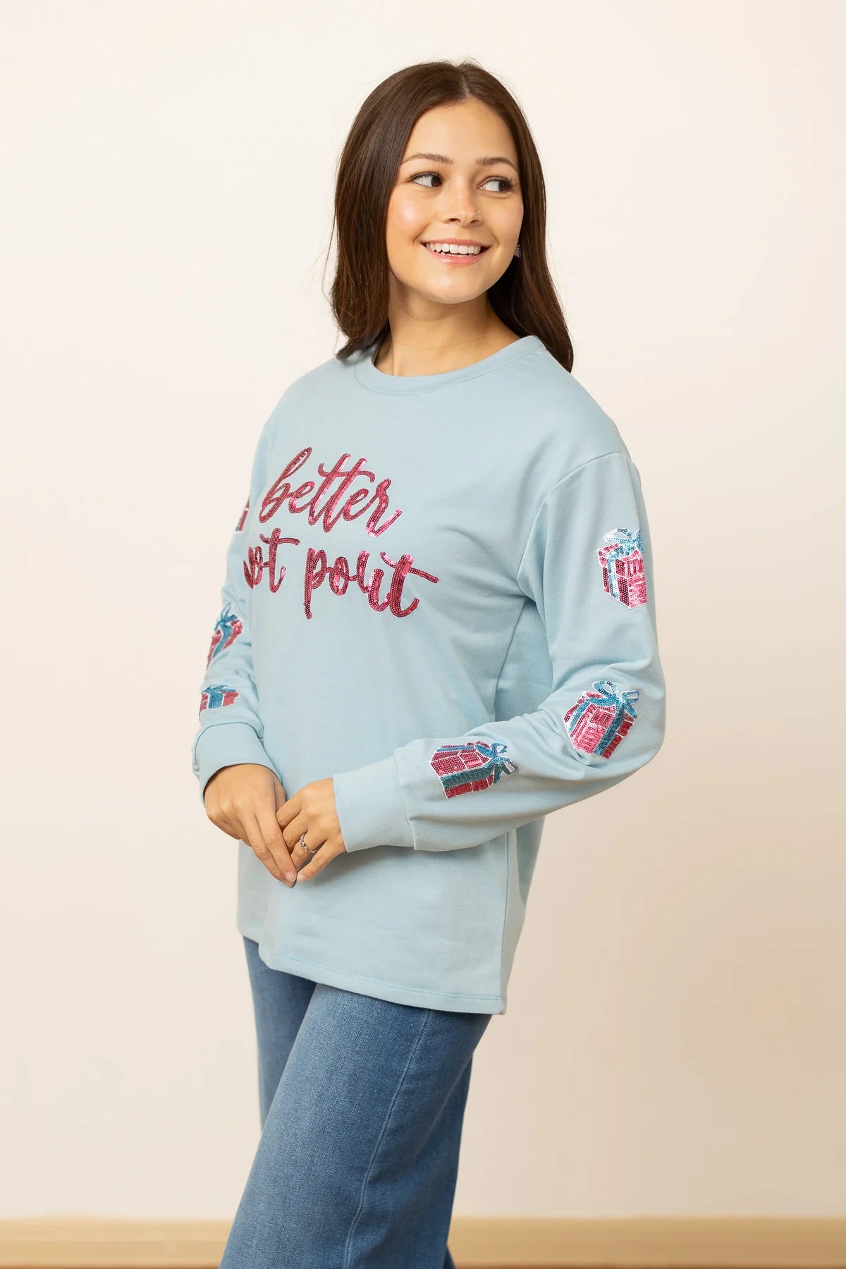 Womens Better Not Pout Sequins Blue Sweatshirt - Blue