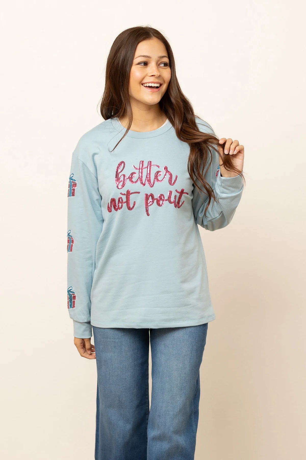 Womens Better Not Pout Sequins Blue Sweatshirt - Blue