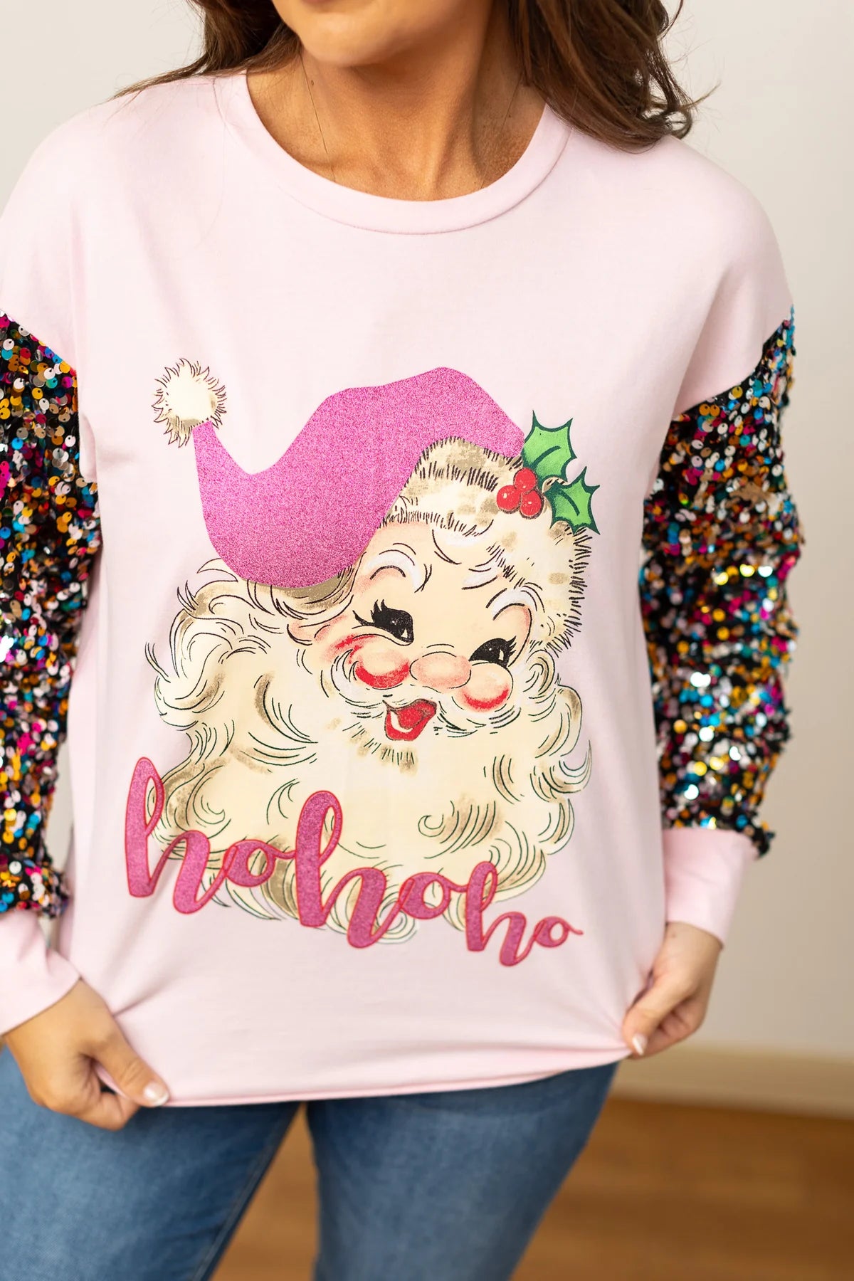 Womens Santa on Pink Sweatshirt with Sequin Sleeves