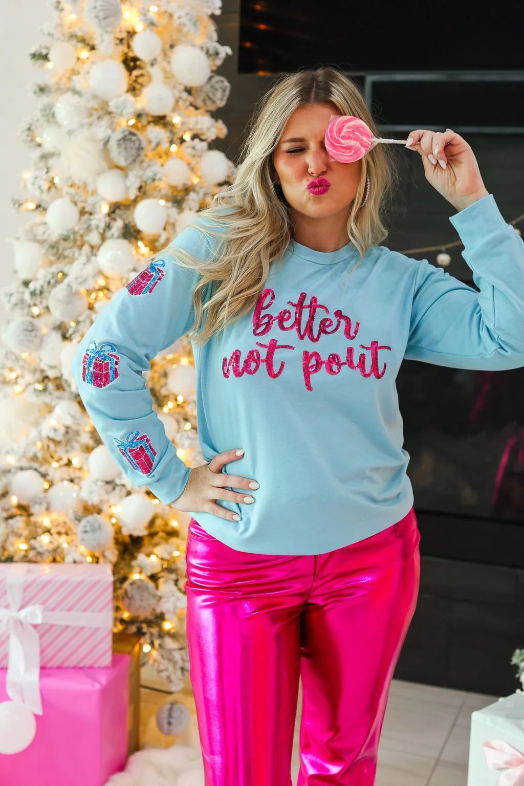 Womens Better Not Pout Sequins Blue Sweatshirt - Blue