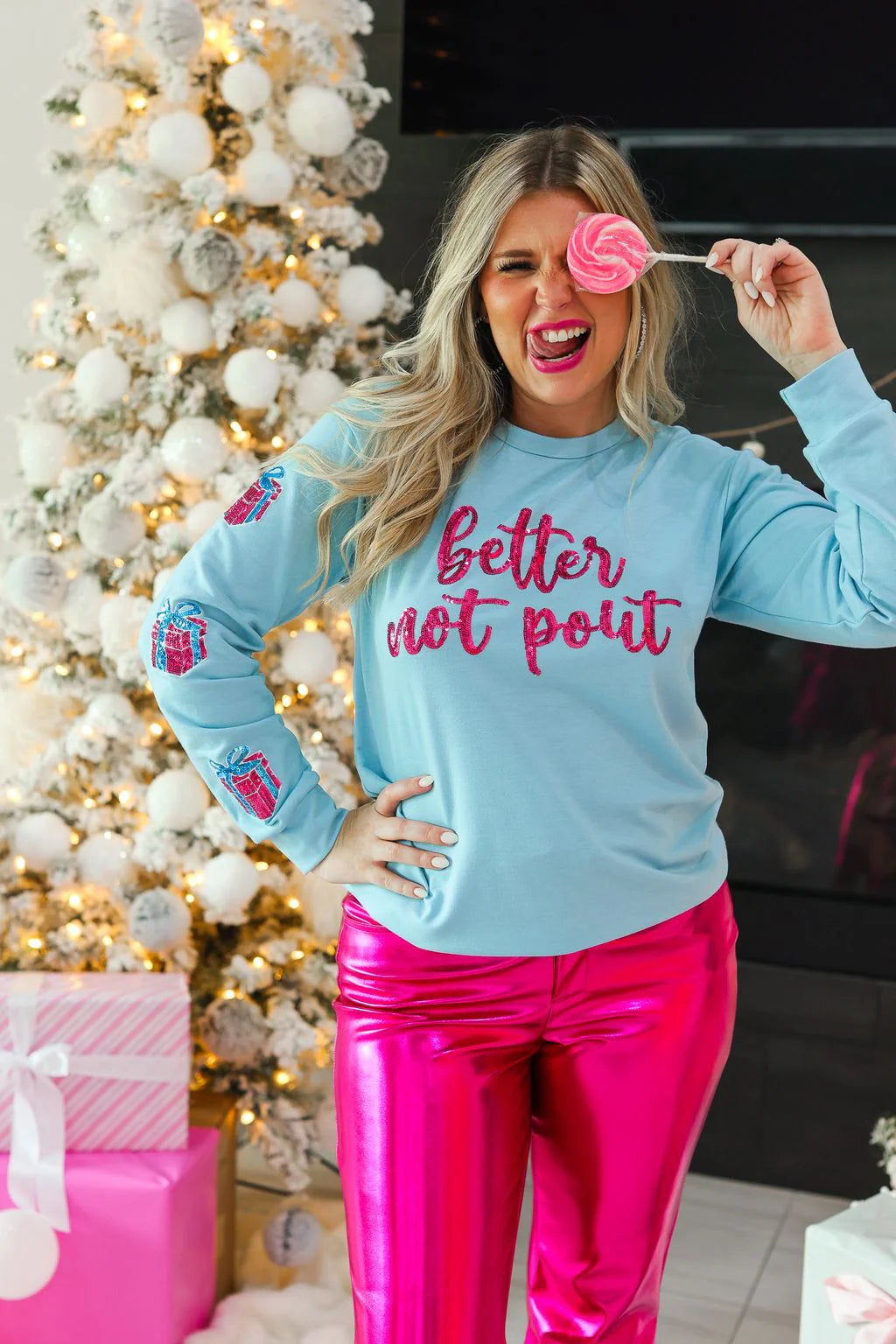 Womens Better Not Pout Sequins Blue Sweatshirt - Blue