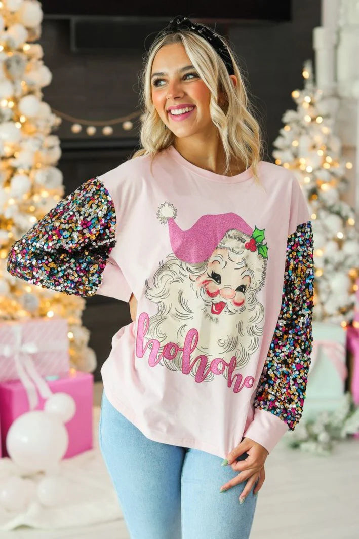 Womens Santa on Pink Sweatshirt with Sequin Sleeves