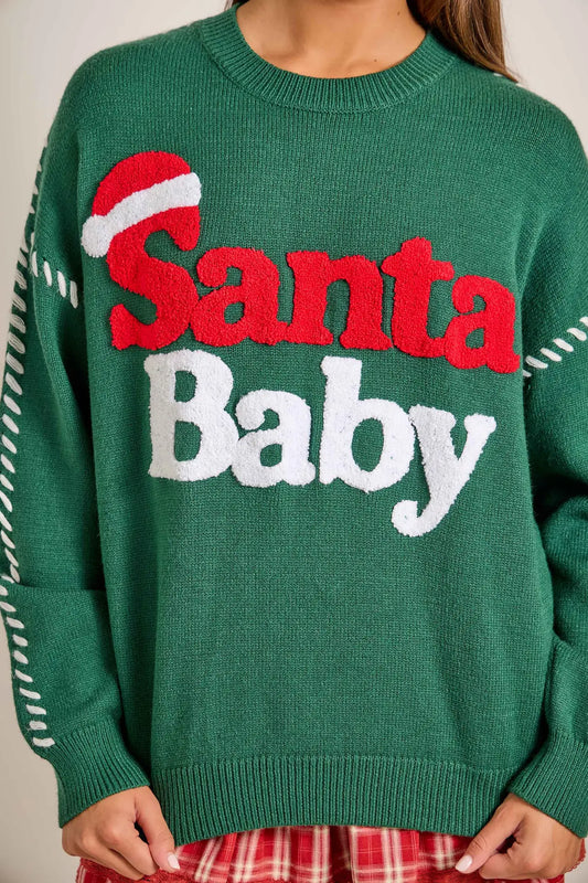 Womens Main Strip Hunter Green Santa Baby Holiday Knit Sweater