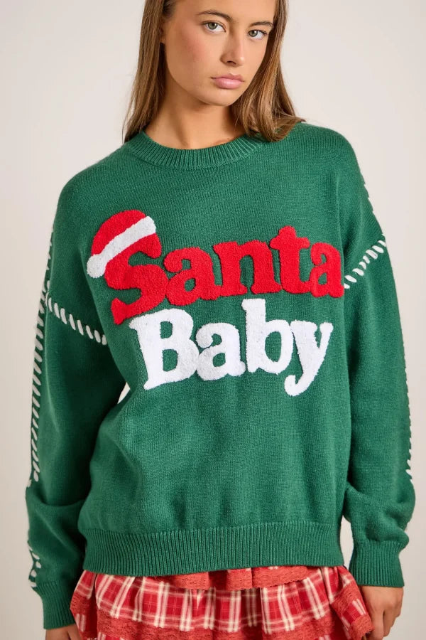 Womens Main Strip Hunter Green Santa Baby Holiday Knit Sweater