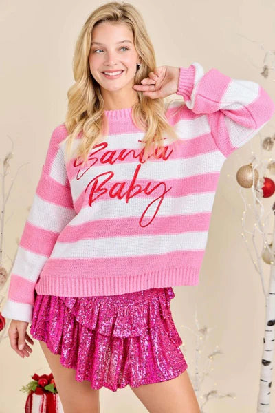 Womens Main Strip Santa Baby Pink Striped Holiday Sweater