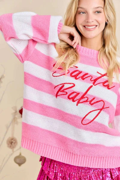 Womens Main Strip Santa Baby Pink Striped Holiday Sweater