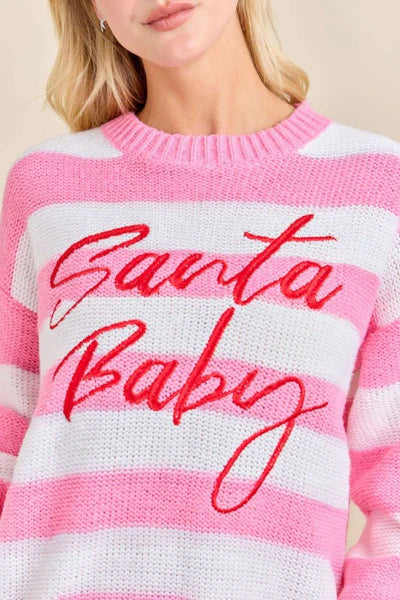 Womens Main Strip Santa Baby Pink Striped Holiday Sweater