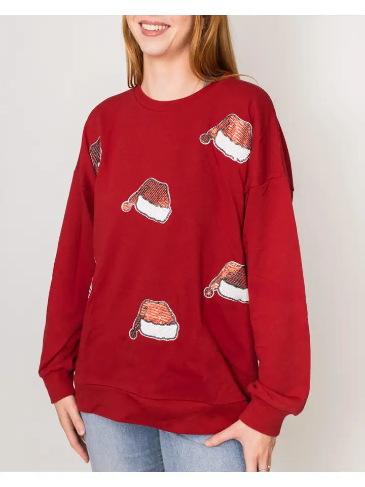 The Royal Standard Women's Santa Hat Sequin Sweatshirt  Red/White