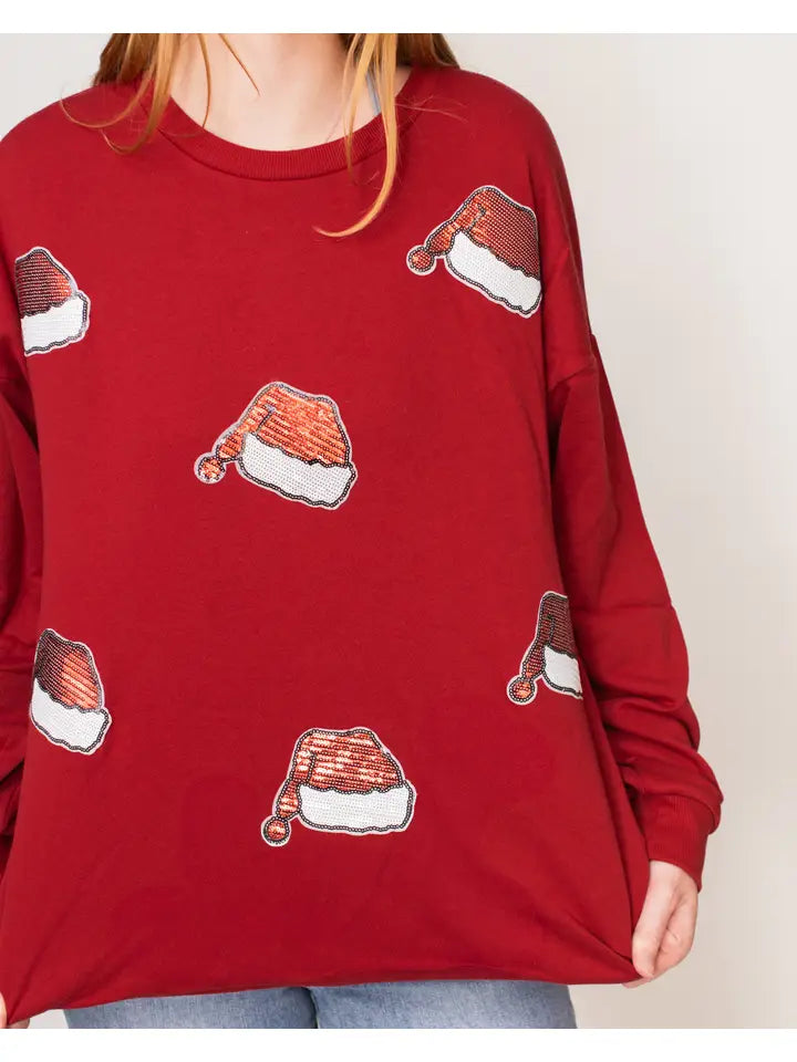 The Royal Standard Women's Santa Hat Sequin Sweatshirt  Red/White