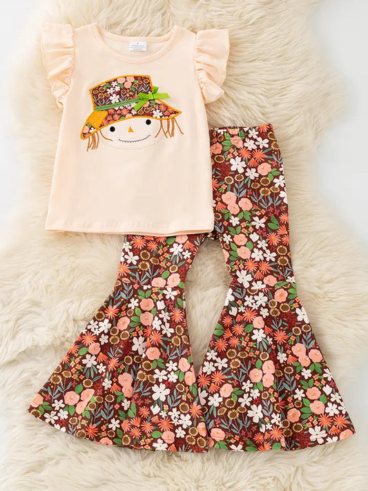 Girls Scarecrow Applique Top and Brown Floral Bell Bottoms