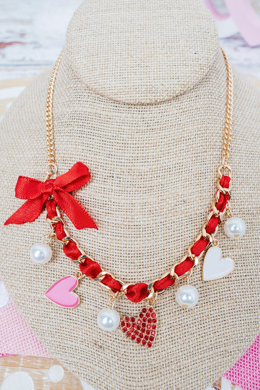 Shiny Luxe Hearts in Harmony Red Ribboned Chain Charm Necklace
