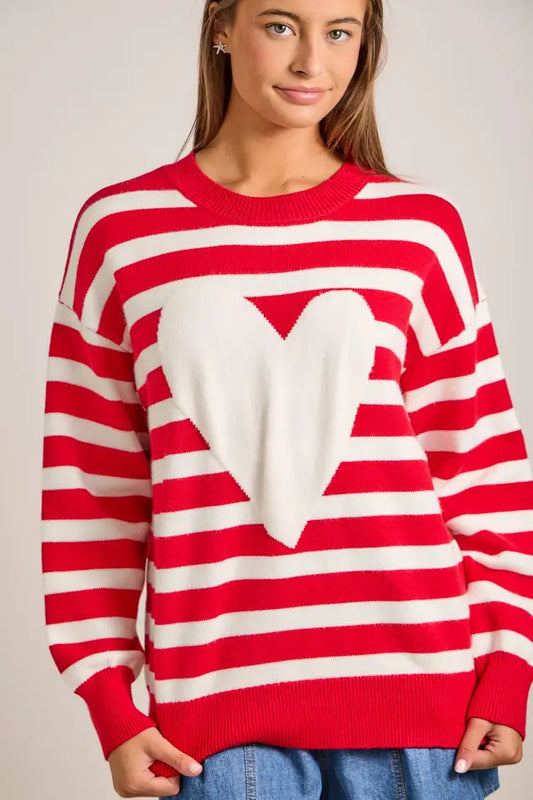 Main Strip Womens Red Striped Heart Sweater