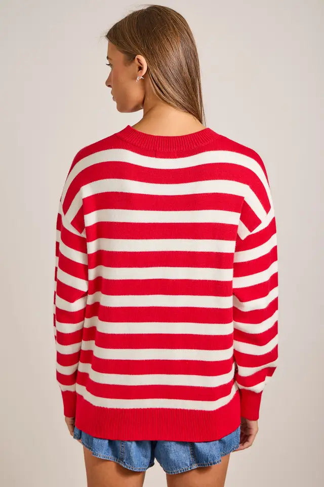 Main Strip Womens Red Striped Heart Sweater