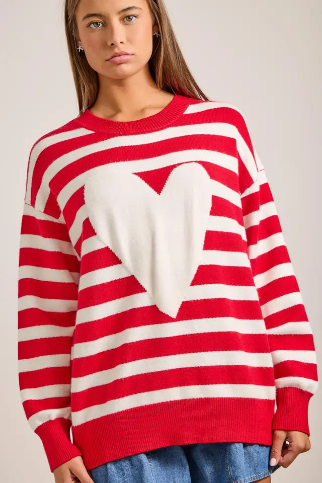 Main Strip Womens Red Striped Heart Sweater