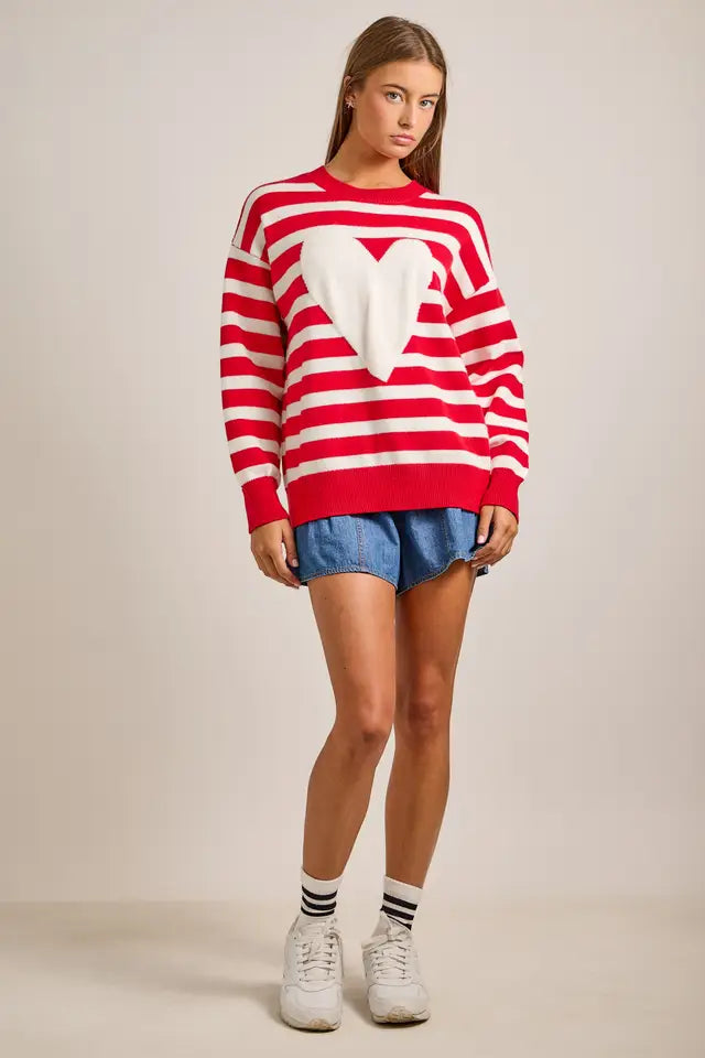 Main Strip Womens Red Striped Heart Sweater