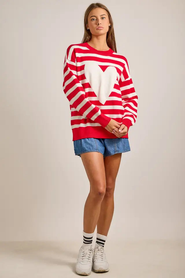 Main Strip Womens Red Striped Heart Sweater