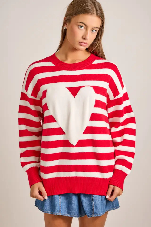 Main Strip Womens Red Striped Heart Sweater