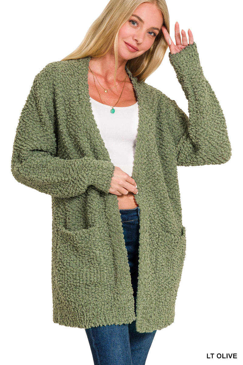 Womens Zenana Lt Olive Long Sleeve Popcorn Sweater Cardigan With Pockets