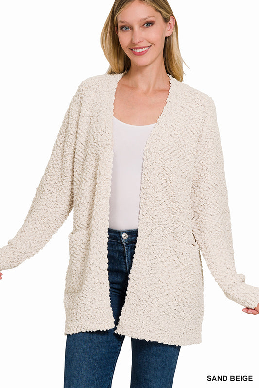 Womens Zenana Sand Beige Long Sleeve Popcorn Sweater Cardigan With Pockets
