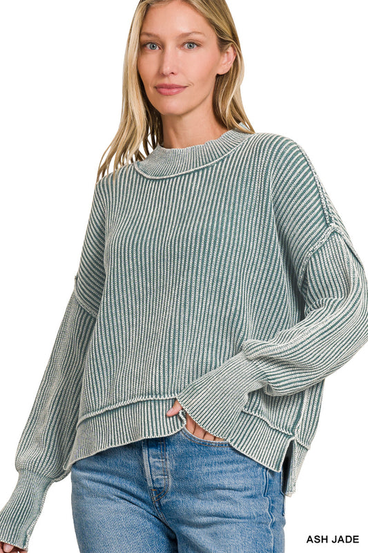 Womens Zenana Ash Jade Washed Side Slit Oversized Cropped Sweater