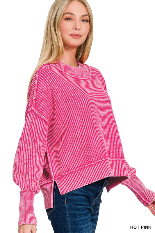 Womens Zenana Hot Pink Washed Side Slit Oversized Cropped Sweater