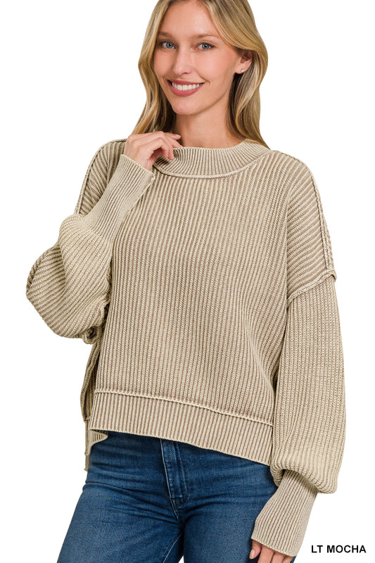 Womens Zenana Lt. Mocha Washed Side Slit Oversized Cropped Sweater