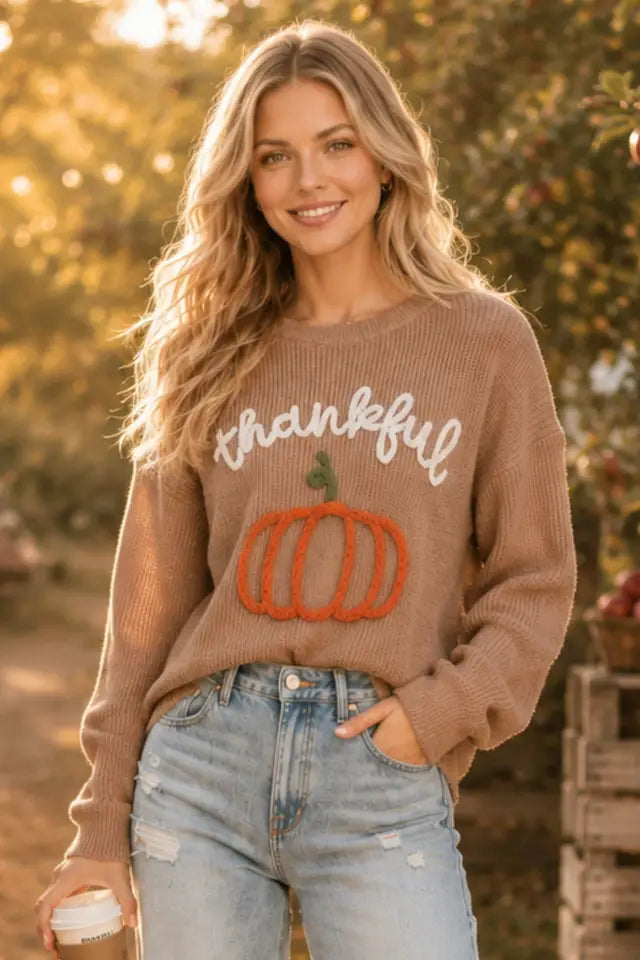 Womens Main Strip Dusty Brown Thankful Pumpkin Embroidered Knit Sweater