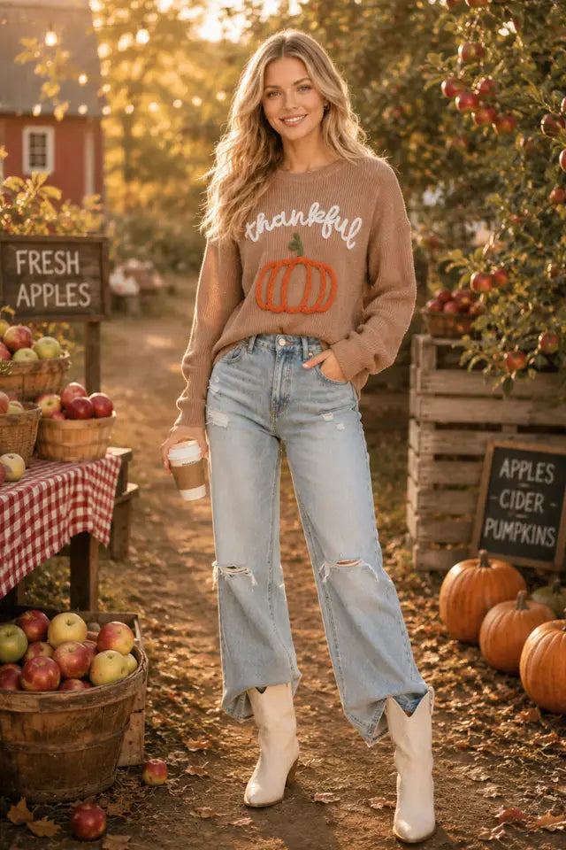 Womens Main Strip Dusty Brown Thankful Pumpkin Embroidered Knit Sweater