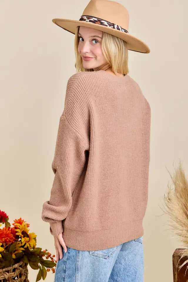 Womens Main Strip Dusty Brown Thankful Pumpkin Embroidered Knit Sweater