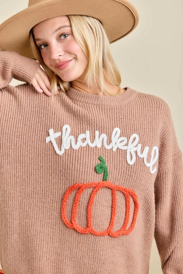 Womens Main Strip Dusty Brown Thankful Pumpkin Embroidered Knit Sweater