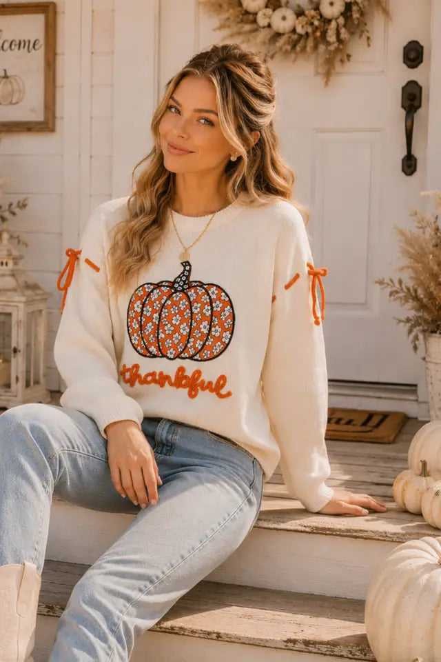 Womens Main Strip Ivory Thankful Pumpkin Graphic Tie-Sleeve Sweater