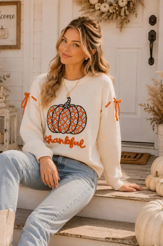 Womens Main Strip Ivory Thankful Pumpkin Graphic Tie-Sleeve Sweater