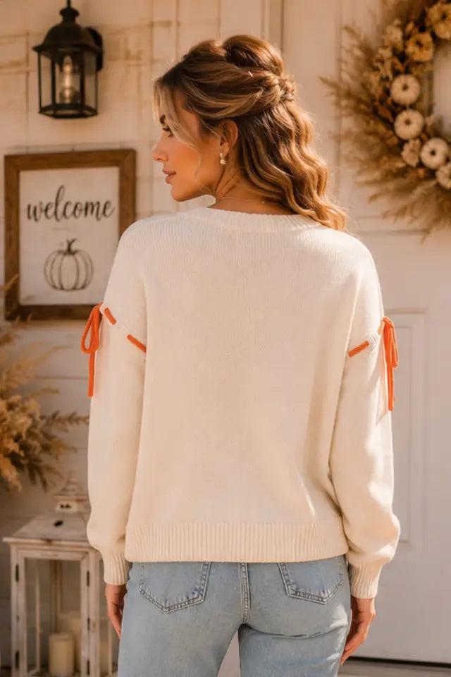 Womens Main Strip Ivory Thankful Pumpkin Graphic Tie-Sleeve Sweater