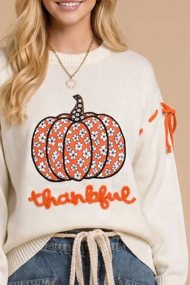 Womens Main Strip Ivory Thankful Pumpkin Graphic Tie-Sleeve Sweater