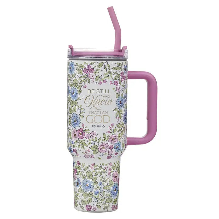 Tumbler W/Straw Ss Purple Floral Be Still and Know Ps. 46:10