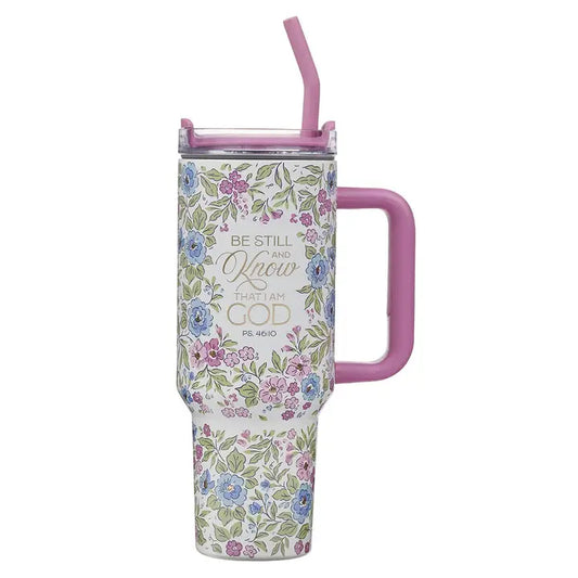 Tumbler W/Straw Ss Purple Floral Be Still and Know Ps. 46:10