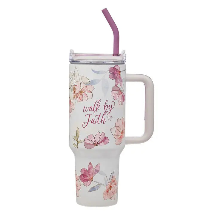 Tumbler W/Straw Ss White Floral Walk By Faith 2 Cor. 5:7