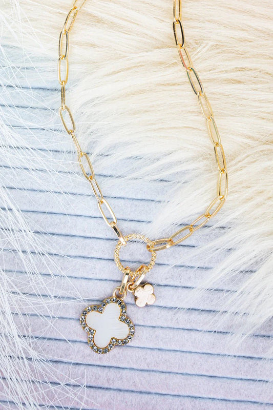 Viola White Corine Clover Goldtone Necklace