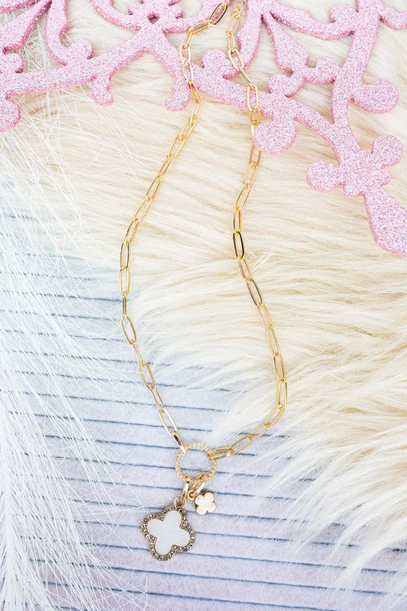 Viola White Corine Clover Goldtone Necklace