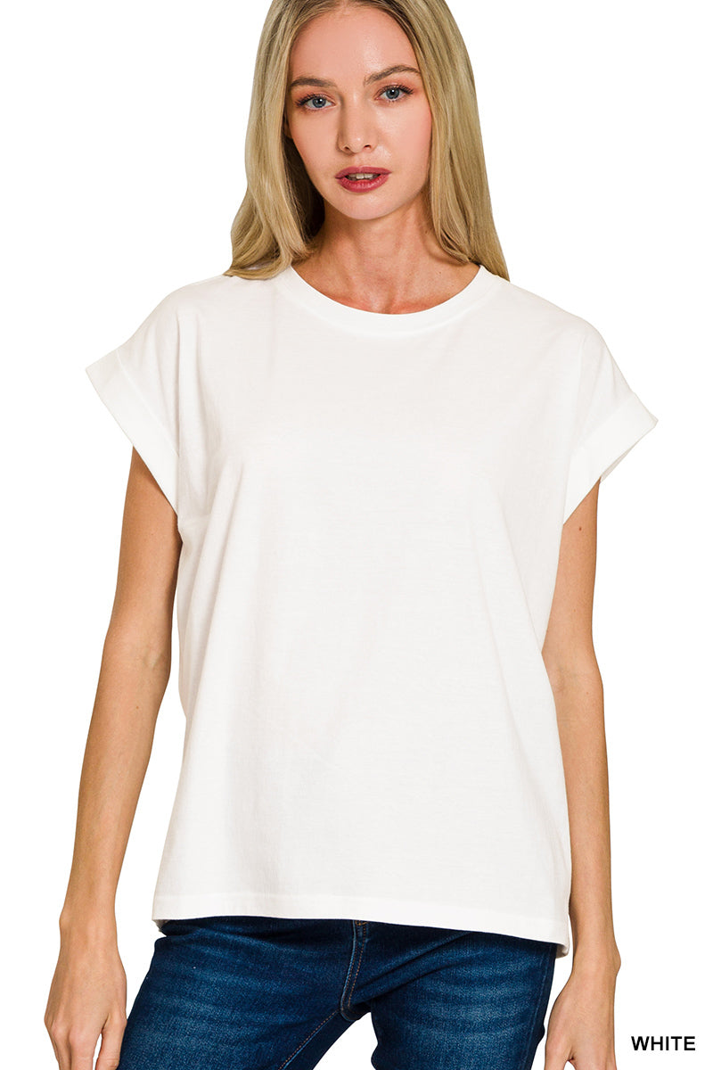 Womens Zenana Round Neck Folded Short Sleeve T-shirt White