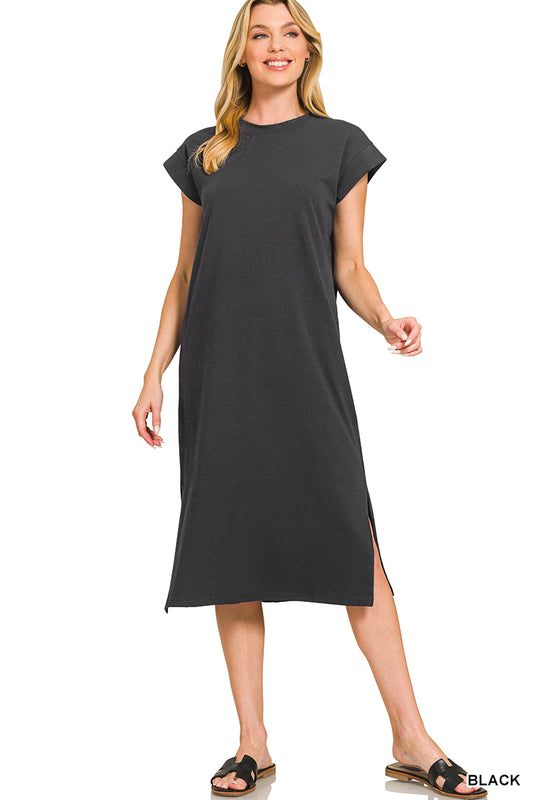 Womens Zenana Round Neck Short Sleeve Midi Dress Black